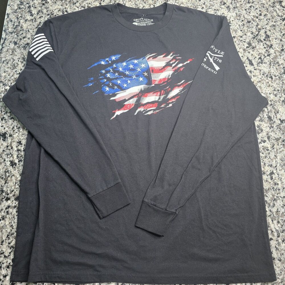 Grunt Style Shirt Men’s 2XL Black Cotton Flag Long Sleeve Stretch USA Flag